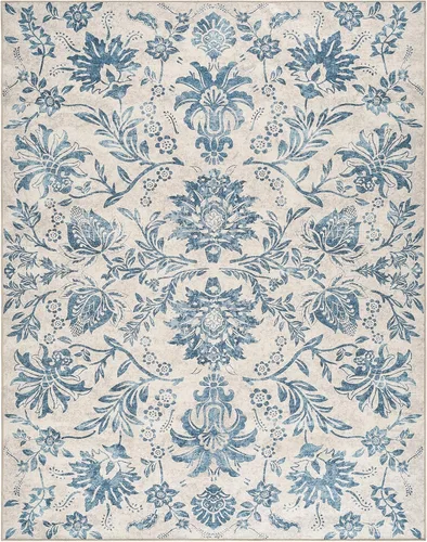 Vista 201 de jinchan Lima - Alfombra simétrica floral geométrica lavable, alfombra de entrada de medio círculo de 2 x 3, alfombra de media luna, suave y Azul