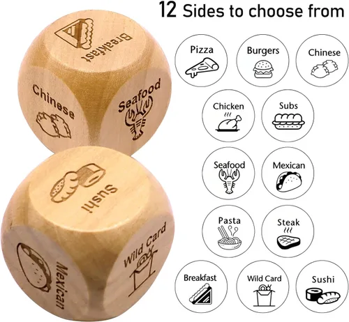 Vista 3 de Dados de Decisión de Comida para Noche de Citas con 12 Opciones de Comida para Solteros y Parejas para Resolver el Dilema "¿Qué Comer?" Ideal