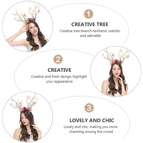Vista 8 de Minkissy Diadema de cornamenta de ciervo, diadema de cuernos de reno de Navidad, diadema de ramas de árbol, tocado para el cabello, accesorios