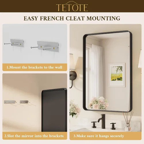 Vista 34 de TETOTE Espejo de marco dorado cepillado de 16 x 24 pulgadas, espejo de tocador de baño de latón dorado para pared, espejo enmarcado rectangular