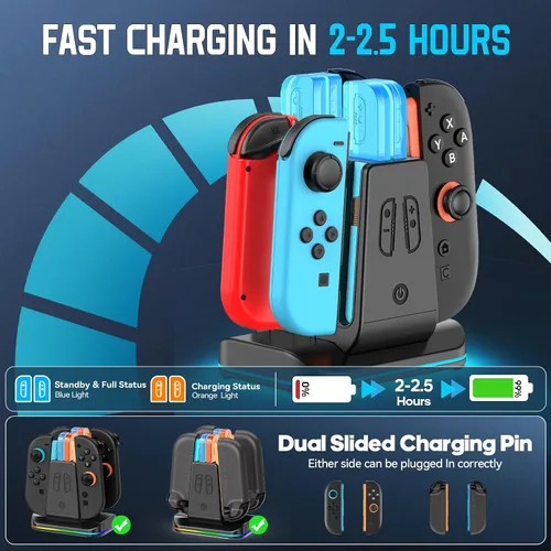 Vista 3 de Compatible con interruptor 21 Base de cargador Joycon controlador, soporte de carga magnético 8 en 1 para JoyCon 2, Switch 1 y OLED Joy