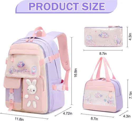 Vista 2 de Juego de mochila para niñas, mochila infantil para niñas, mochila escolar Kawaii Bunny para niña, jardín de infantes, primaria, preescolar, Púrpura