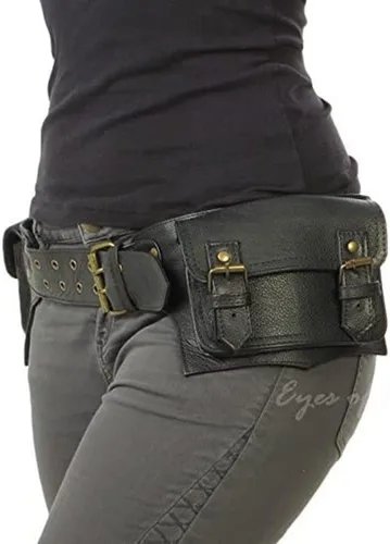 Vista 6 de Cangurera de cuero vintage para hombre y niño, bolsa de cuero para hombre, cinturón de mensajero, regalo para hombres y mujeres (negro)