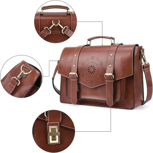 Vista 7 de ECOSUSI Mochila para mujer, maletín para computadora portátil, de cuero vegano, bolsas de trabajo para portátiles de 15.6 pulgadas, color café, 15,6