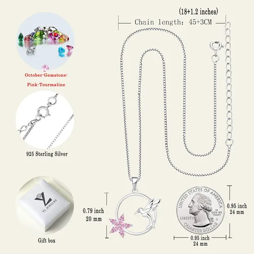 Vista 6 de YL Collar de colibrí de plata de ley con colgante de flores y piedras preciosas para mujer