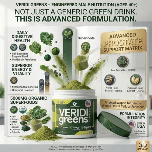 Vista 2 de Veridi Greens for Men 40+ Superalimento en polvo con palma enana americana 200 mg y espirulina Salud diaria de la próstata, flujo urinario