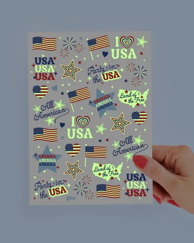 Vista 4 de xo, Fetti Tatuajes del 4 de julio - 54 diseños que brillan en la oscuridad Decoración patriótica para fiestas, rojo, blanco y azul, bandera