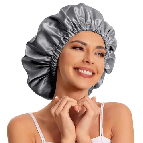 Vista 16 de Gorro de satén de seda para dormir, gorro de satén para dormir, gorro de satén para dormir para cabello natural y rizado (negro y verde negruzco)