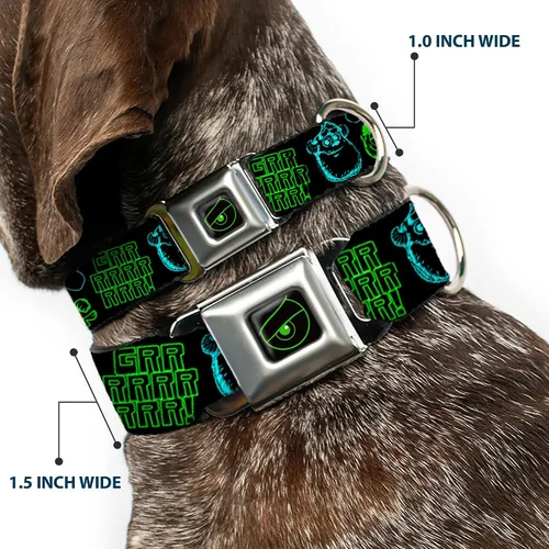 Vista 2 de Buckle-Down Monsters Inc. Sully & Mike Poses/GRRRRR! - Collar de perro con hebilla para cinturón de seguridad, negro, turquesa, verde, 1 pulgada