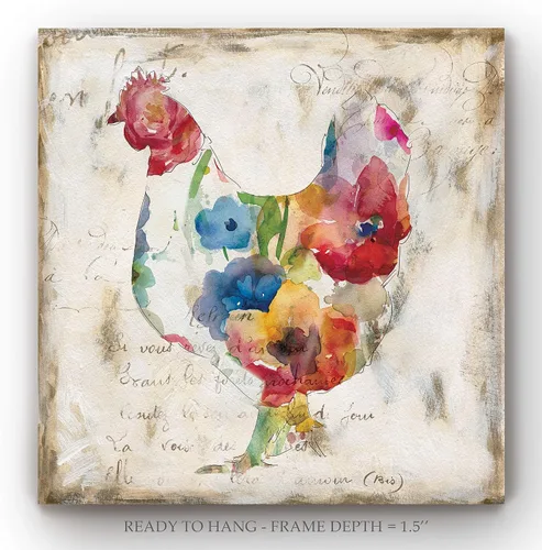 Vista 2 de Renditions Gallery Arte moderno de gallina con flores sobre lienzo estirado para decoración de pared