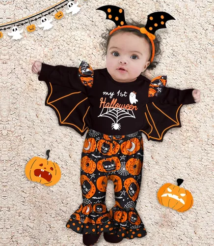 Vista 3 de MIGU My First Halloween Baby Girl Outfit Halloween Costumes Bat Ruffle Romper Tops + Pants 3pcs Halloween Infant Baby Clothes