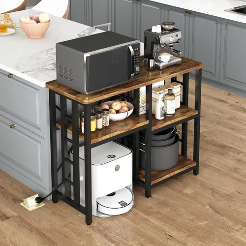 Vista 4 de Estante de cocina de 4 niveles con toma de corriente, mini refrigerador y microondas, mesa de barra de café de 5 niveles, soporte para tanque