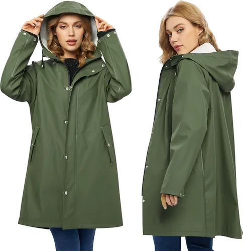 Vista 2 de UNIQUEBELLA Chubasqueros impermeables para mujer, impermeables, abrigos largos con capucha para lluvia, rompevientos, gabardina para exteriores