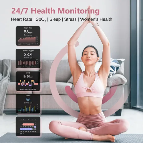 Vista 3 de Reloj inteligente para mujer, compatible con iPhone y Android, ritmo cardíaco SPO₂ y seguimiento de la salud de la mujer, más de 100 modos
