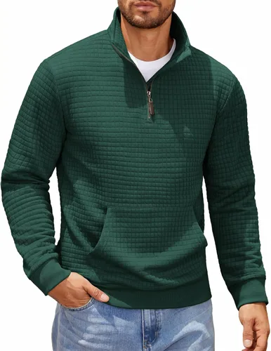Vista 12 de COOFANDY - Sudadera con capucha para hombre, manga larga, con cremallera de un cuarto, estilo sarga casual, con bolsillo Verde militar