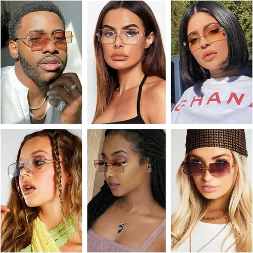 Vista 3 de Lentes de sol rectangulares sin montura para mujeres y hombres, a la moda A1 Marrón degradado