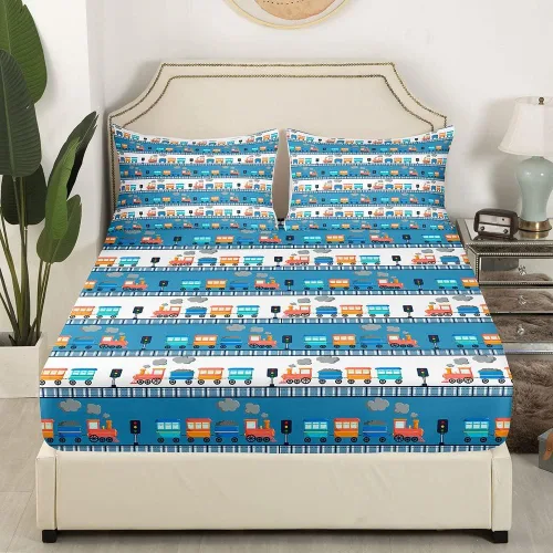 Vista 2 de Erosebridal Juego de sábanas para cama de camión, diseño de tren de dibujos animados, tamaño individual, para niños, sábanas bajeras con estampado