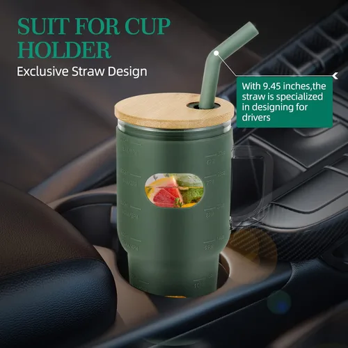 Vista 7 de Vaso de vidrio de 32 onzas – Vaso con tapa de bambú y popote – Vaso de café reutilizable con funda de silicona, vaso para batidos Boba – sin BPA