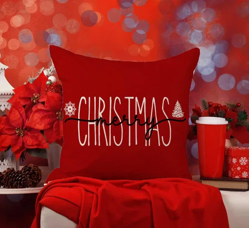 Vista 2 de Funda de Cojín para Decoraciones Navideñas Feliz Navidad, 18 x 18 Pulgadas Funda de Cojín con Frase Navideña Estilo Granja para Sofá Sillón