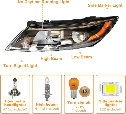 Vista 3 de Para faros halógenos de lado del conductor izquierdo 2014 2015 Kia Optima EX LX Proyector Carcasa negra sin DRL (Solo para modelo de EE. UU.)