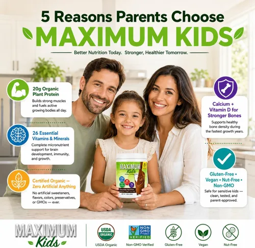 Vista 6 de Maximum Kids - Mezcla completa de polvo orgánico. Gran sabor, fácil de usar, bebida nutricional completa con 26 vitaminas y minerales, 0.71 onzas