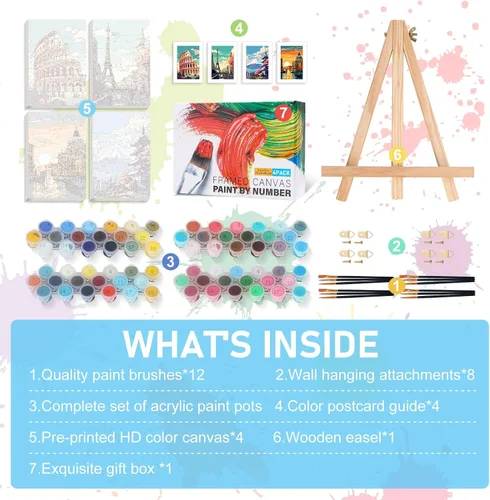 Vista 6 de Offito Paquete de 4 pinturas enmarcadas por números para adultos principiantes con caballete de madera, kit de pintura fácil de paisaje por números