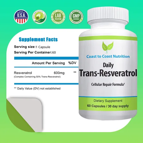 Vista 4 de Suplemento Trans Resveratrol - Cápsulas orgánicas - Suplementos para mujeres y hombres, antioxidante natural, suplemento de polifenoles - 60