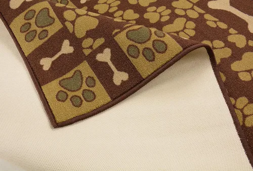 Vista 4 de Alfombra de látex con diseño de pata y hueso, color marrón, verde azulado y azul impresa, resistente al deslizamiento (marrón, 3'3" x 4'11")