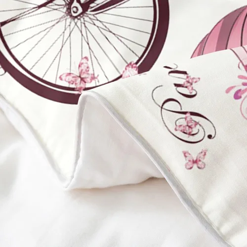 Vista 5 de Juego de funda de edredón de 100 % algodón natural con diseño de la Torre Eiffel para parejas, juego de ropa de cama floral rosa, funda de edredón