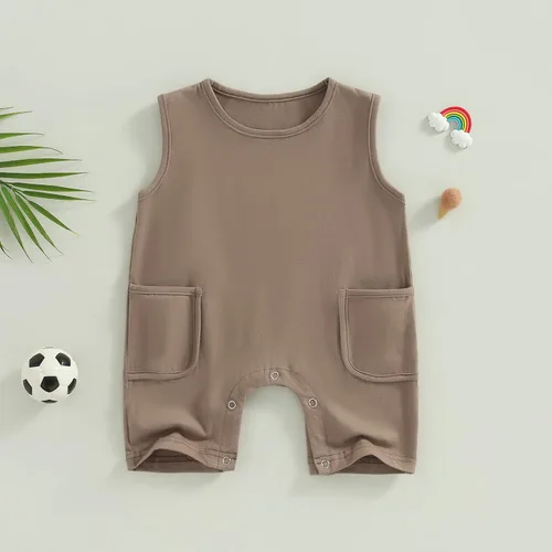 Vista 105 de Mameluco unisex de manga corta para bebé recién nacido, con botones, de una pieza, ropa de color sólido