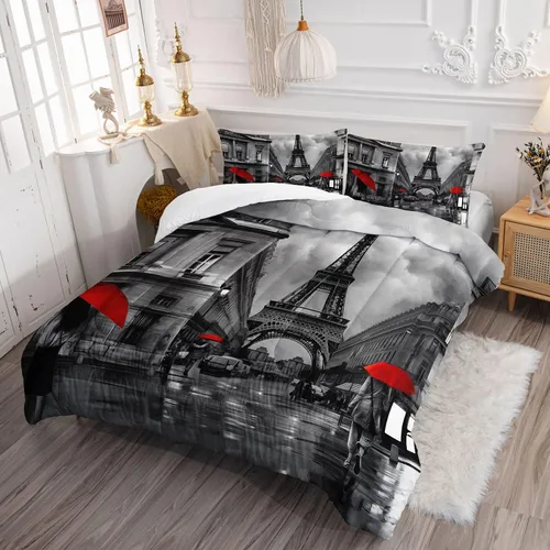 Vista 3 de Datura home Juego de Ropa de Cama Edredón Escenario de Calle de París Torre Eiffel Patrón Estampado Juego de Ropa de Cama con 1 Edredón y 2 Fundas
