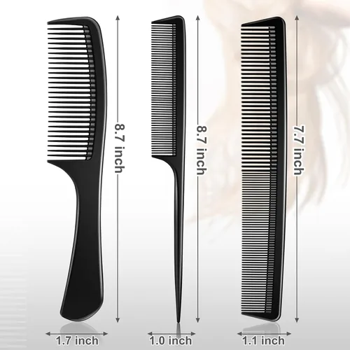 Vista 6 de Peine profesional de 3 piezas, juego de peine de fibra de carbono negro premium para cortar y peinar, peines de peluquería de dientes finos y anchos