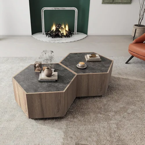 Vista 5 de Mesa de centro de madera de 31.82 pulgadas con almacenamiento, mesas de centro modernas de mediados de siglo con cajón, mesa auxiliar rústica