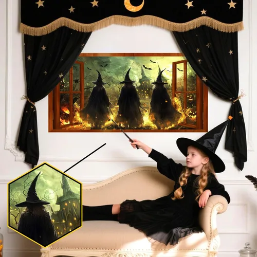 Vista 3 de Calcomanías de pared de bruja de Halloween 3D con escena de Halloween, calcomanías de pared falsas para ventana, mural grande, papel tapiz