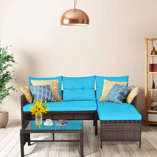 Vista 3 de RELAX4LIFE Juego de muebles de patio de 3 piezas, juego de sofá seccional de mimbre para exteriores con cojín lavable, mesa de centro de vidrio