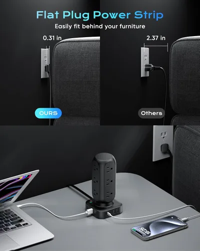 Vista 4 de Regleta de alimentación con protector de sobretensiones en torre, 12 salidas de CA y 8 puertos USB, cable de extensión de enchufe plano de 5 pies