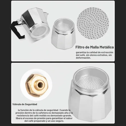 Vista 6 de Cafetera de café expreso para estufa, olla moka de 9 tazas Cafetera de aluminio con filtro de acero inoxidable Cafetera de espresso clásica
