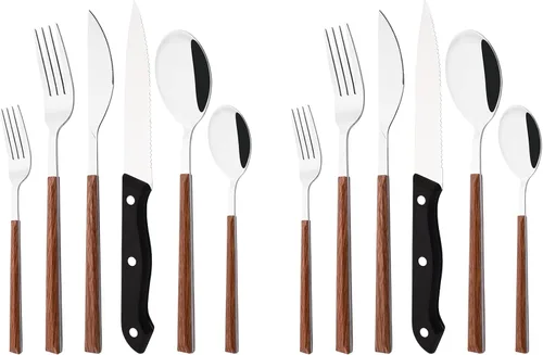 Vista 9 de Juego de cubiertos con cuchillos para carne, 48 piezas, juego de cubiertos para 8 cubiertos de acero inoxidable con mango de grano de madera
