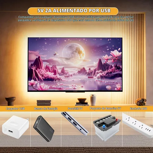 Vista 6 de PAUTIX Tira de luz LED COB USB de 5 V, 6.56 pies/6.6 ft, 1200 lm, regulable, 640 LED, 2700 K, blanco cálido, CRI90+ con retroiluminación de TV