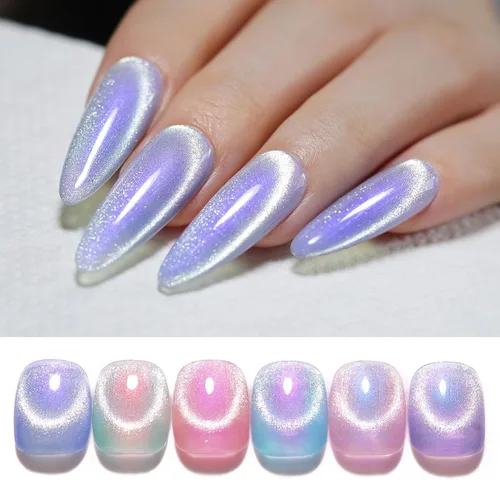 Vista 27 de Born Pretty Esmalte de uñas de gel magnético de ojos de gato verde, 6 colores brillantes con purpurina de cristal holográfico, salvia, oliva