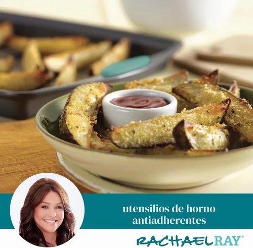 Vista 12 de Rachael Ray Bakeware - Juego de bandejas antiadherentes para galletas, 3 piezas, gris con agarres azul agave
