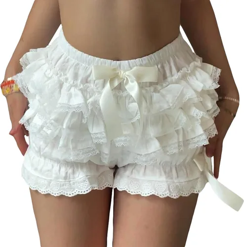 Vista 2 de Pantalones cortos con volantes Lolita para mujer, con ribete de encaje, diseño de calabaza en capas, pantalones cortos kawaii