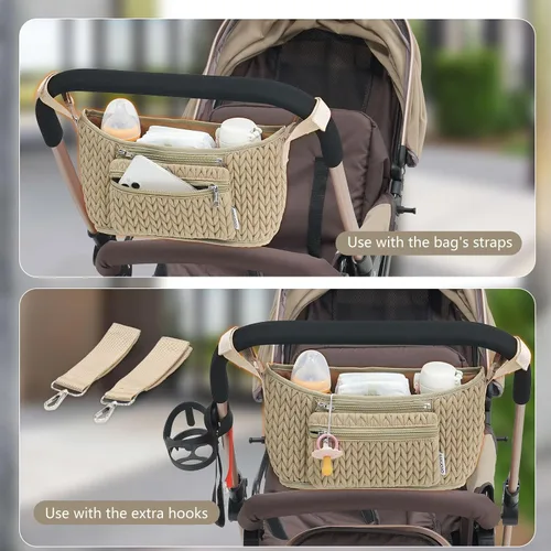 Vista 6 de Organizador de cochecito - Elegante nailon acolchado en espiga 3D, ajuste universal, bolsa desmontable, almacenamiento múltiple ajustable