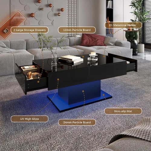 Vista 7 de HedoAjim - Mesa de café negra con LED y 2 cajones de almacenamiento para sala de estar, mesa rectangular de centro para sala de estar, mesas de café