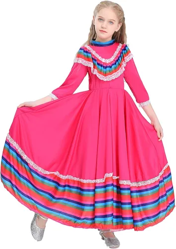 Vista 2 de BEDJIMI Vestido de fiesta mexicano del Cinco de Mayo para niñas, disfraz de estilo nacional mexicano para fiestas, eventos y celebraciones festivas