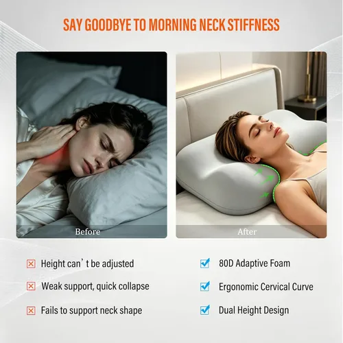 Vista 4 de CCidea Almohada cervical para el cuello para aliviar el dolor de cuello, almohada de espuma viscoelástica 80D similar a una nube, 9 canales