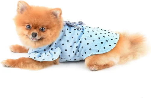 Vista 4 de SMALLLEE_LUCKY_STORE Camiseta de algodón con volantes y mangas con lazo para mascotas, camiseta de algodón para perros pequeños, medianos, gatos Azul