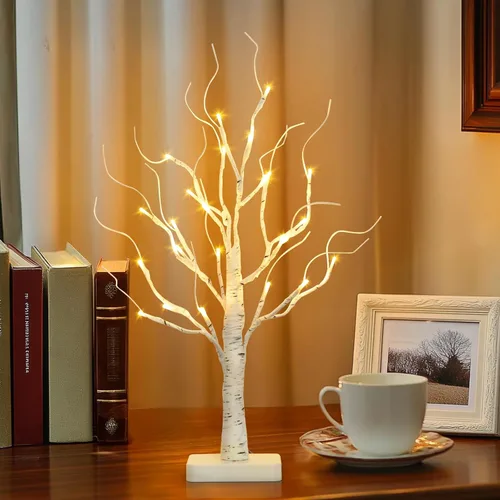 Vista 7 de EAMBRITE Árbol de abedul con luces LED, decoraciones de Navidad para el hogar interior con temporizador, mini lámpara artificial iluminada, árbol