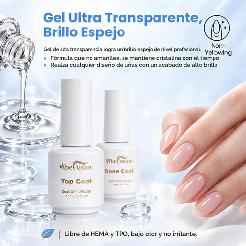 Vista 6 de VibeFusion Kit de base y capa superior de gel 2x15ml sin HEMA sin TPO Kit de gel base y capa superior: base de adhesión fuerte, parte superior
