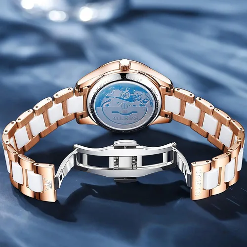 Vista 3 de OLEVS Relojes para mujer, pulsera de cerámica mecánica de cuerda automática, regalo del día del corazón Azul